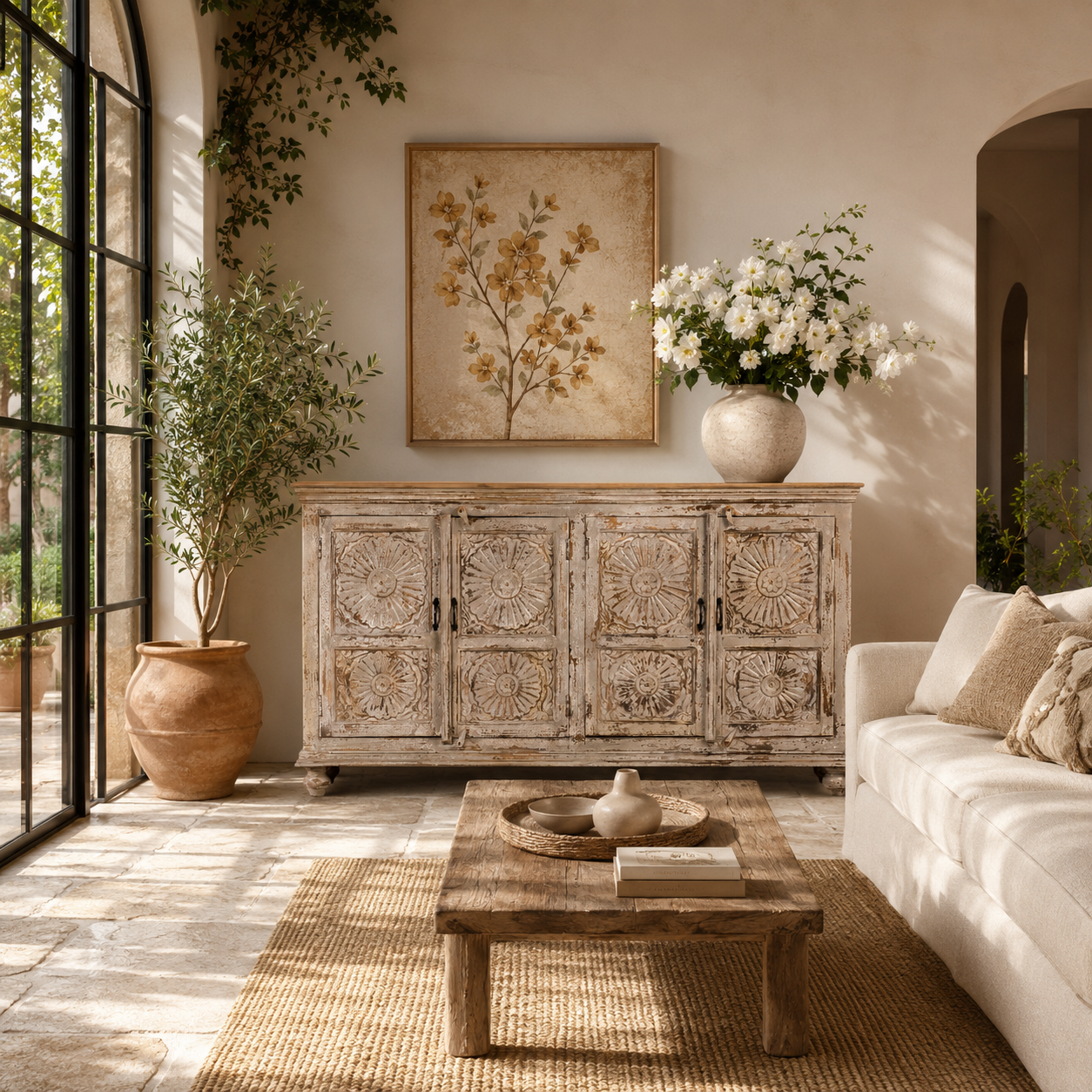 Lifestyle image of a handcrafted carved sideboard made from reclaimed wood with floral motifs and distressed finish; suitable as bedroom furniture, 180 × 40 × 100 cm.