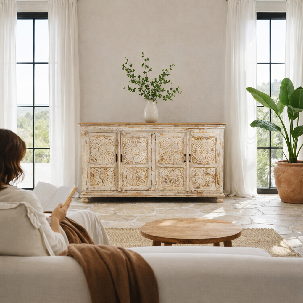 Lifestyle image with a handcrafted carved sideboard made from reclaimed wood with floral motifs and distressed finish; suitable as bedroom furniture, 180 × 40 × 100 cm.