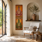 Lifestyle image of a hand-painted recycled teak wall panel with Indian Maharaja-inspired motifs, crafted from an antique door for unique fairytale wall décor.