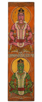 White background image of a hand-painted recycled teak wall panel with Indian Maharaja-inspired motifs, crafted from an antique door for unique fairytale wall décor.