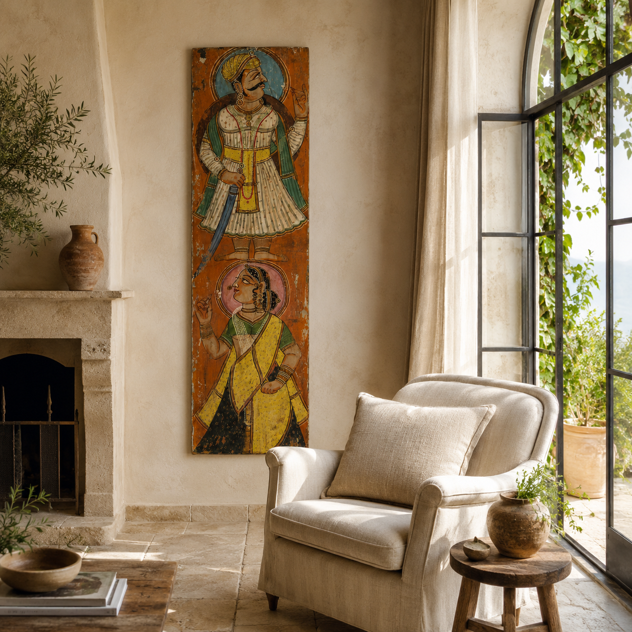 Lifestyle image of a hand-painted reclaimed teak wall panel with Indian Maharaja-inspired motifs, crafted from an antique door for unique cultural wall décor.