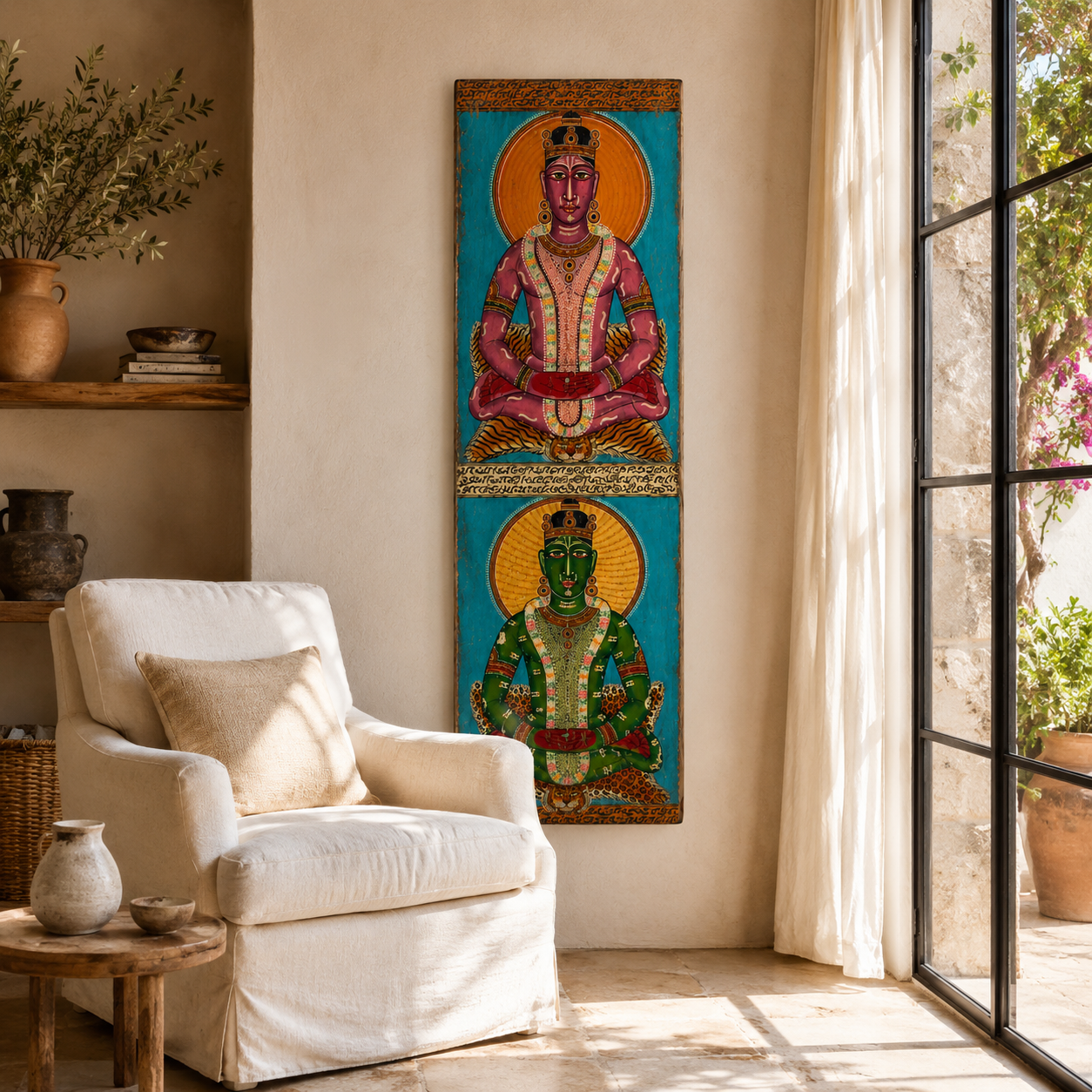Lifestyle image of a hand-painted reclaimed teak wall panel with royal Indian Maharaja-inspired motifs, crafted from an old door panel for unique cultural wall décor.