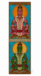 White background image of a hand-painted reclaimed teak wall panel with royal Indian Maharaja-inspired motifs, crafted from an old door panel for unique cultural wall décor.