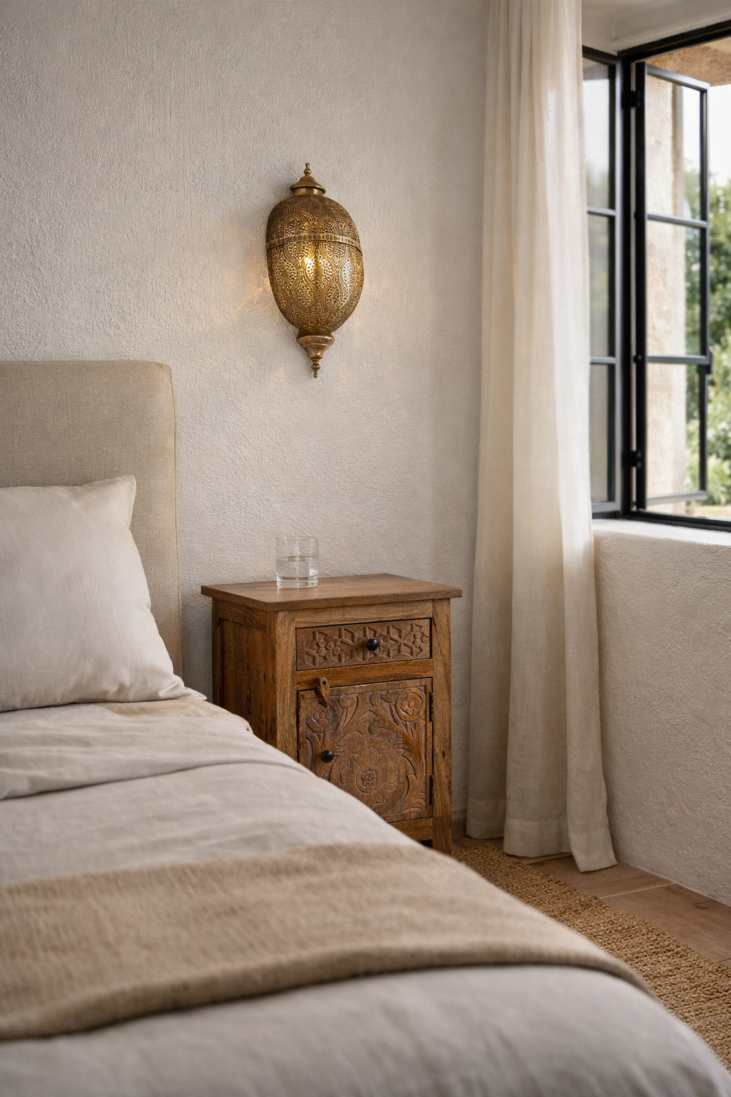 Lifestyle imagination of a antique-style hand-stamped iron wall lamp with brass finish, featuring intricate perforated detailing and vintage ornamental shape.