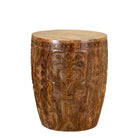 White background picture of a round mango wood side table with hand carved floral design.