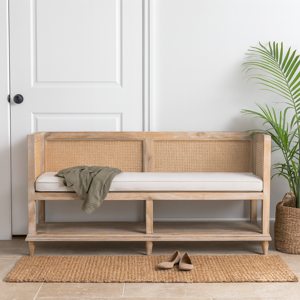 Lifestyle imagination of a mango wood and rattan furniture bench with cotton seat cushion; natural finish, 180 × 50 × 75 cm.