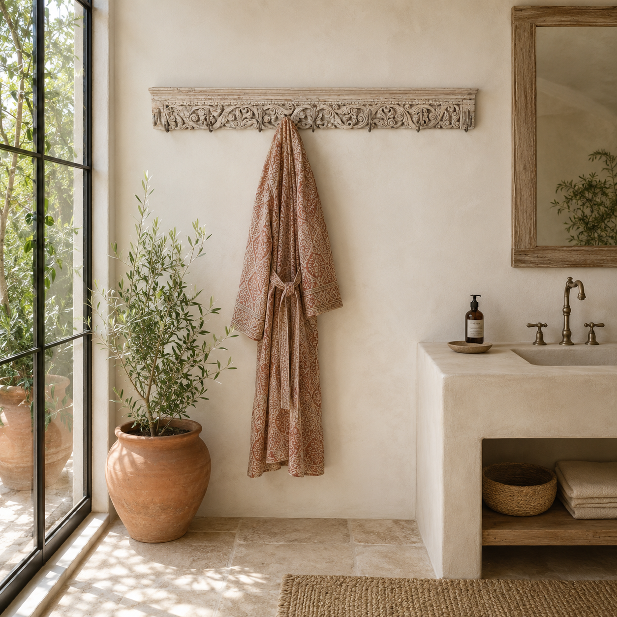 Lifestyle image of a Raj Heritage Coat Rack handcrafted from an antique Indian reclaimed wood architectural element with intricate hand-carved floral details, bleached finish and seven iron hooks, 150x7x5cm.