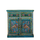 White background image of a Rajat hand-painted blue reclaimed wood cabinet with colourful floral and animal motifs, two drawers and two doors.