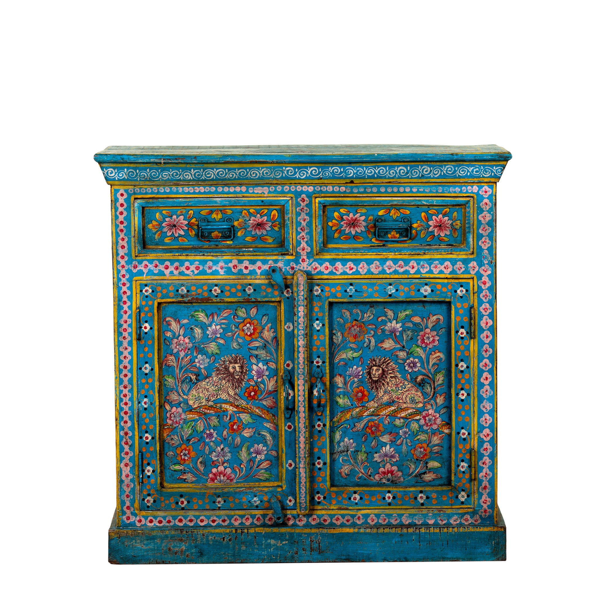 White background image of a Rajat hand-painted blue reclaimed wood cabinet with colourful floral and animal motifs, two drawers and two doors.