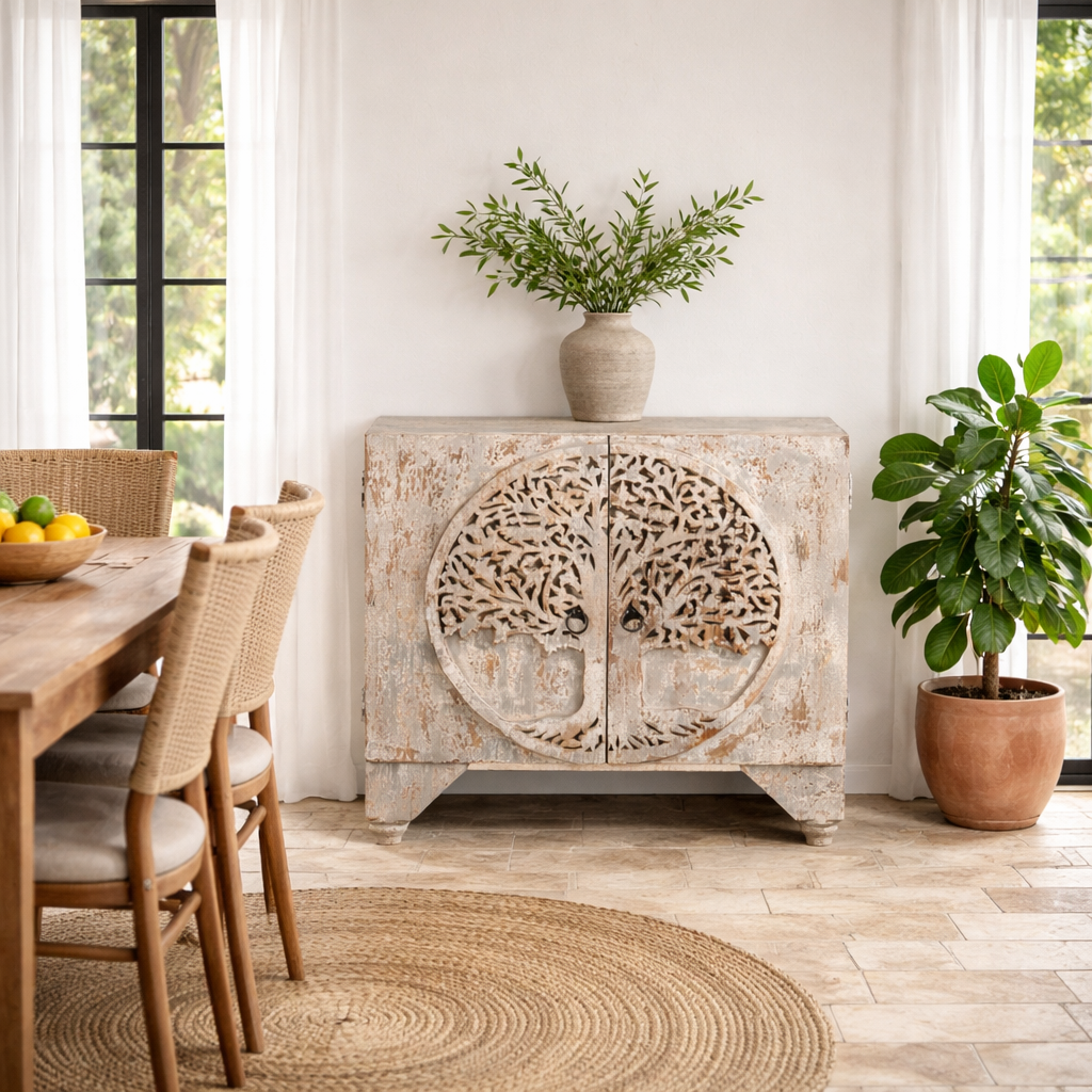 Lifestyle image of a hand carved mango wood cabinet with carved tree design on front, 90 × 80 × 40 cm, white washed.