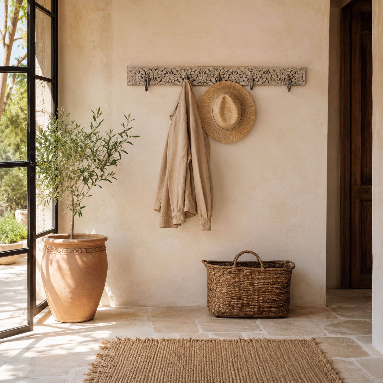 Lifestyle image of a hand-carved reclaimed wood wall hook rack crafted from an antique Indian architectural element with five iron hooks, intricate floral carvings, bleached finish, and vintage rustic character, 150cm.