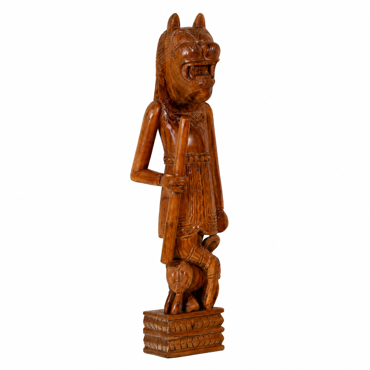 White background image of a Rakshak hand carved reclaimed wood house guardian tiger statue with traditional Indian detailing, freestanding decorative sculpture, 120cm.