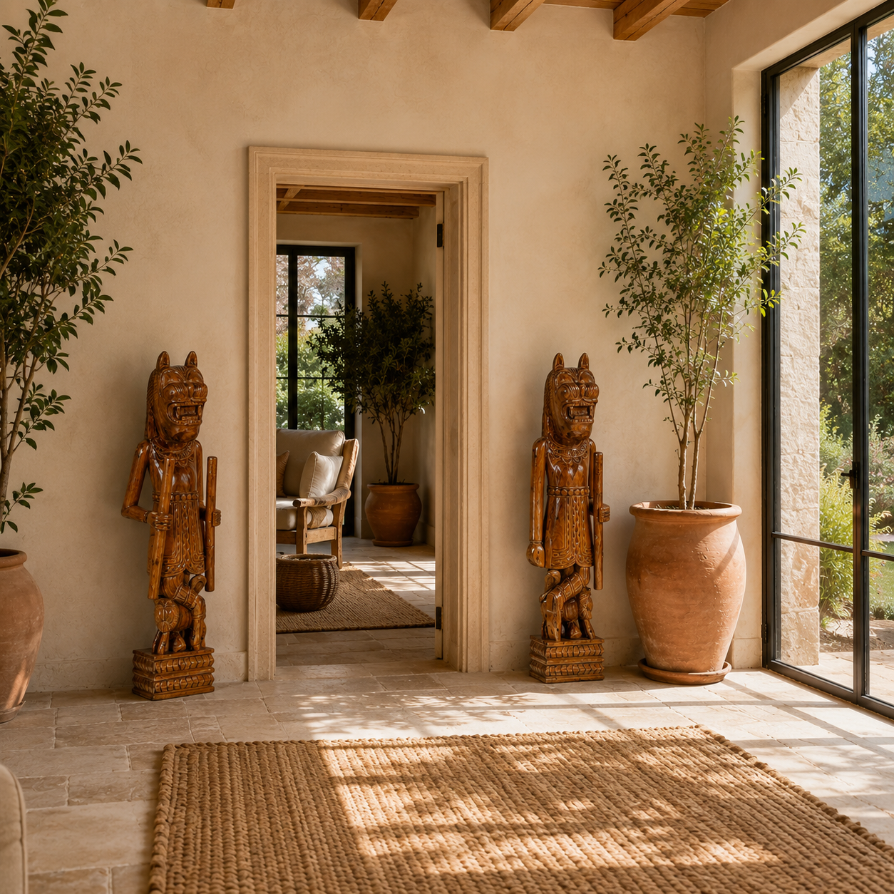 Lifestyle image of a Rakshak hand carved reclaimed wood house guardian tiger statue with traditional Indian detailing, freestanding decorative sculpture, 120cm.