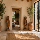 Lifestyle image of a Rakshak hand carved reclaimed wood house guardian tiger statue with traditional Indian detailing, freestanding decorative sculpture, 120cm.