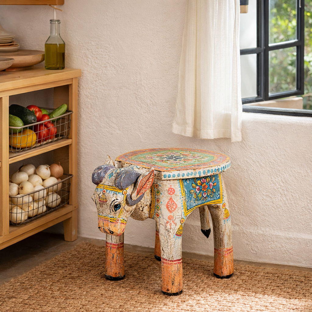 Lifestyle imagination of a hand-painted wooden Ram side table in the shape of a ram with curved horns, featuring colourful Indian folk art patterns, ideal for vintage and India-inspired home accessories.