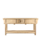 White background image of a rustic reclaimed teak console table with hand-carved detailing and hidden side compartments; sustainable furniture, 170 × 82 × 48 cm.