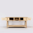 Image of a rustic reclaimed teak console table with hand-carved detailing and hidden side compartments; sustainable furniture, 170 × 82 × 48 cm.