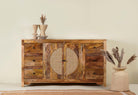 Hand-carved wood furniture sideboard with floral motifs and rattan cabinet doors, solid mango wood rattan furniture, 160 × 40 × 90 cm.