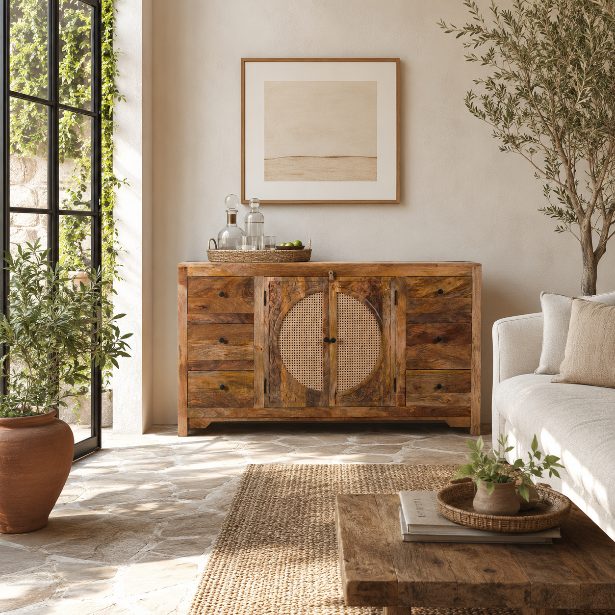 Lifestyle image of a hand-carved wood furniture sideboard with floral motifs and rattan cabinet doors, solid mango wood rattan furniture, 160 × 40 × 90 cm.
