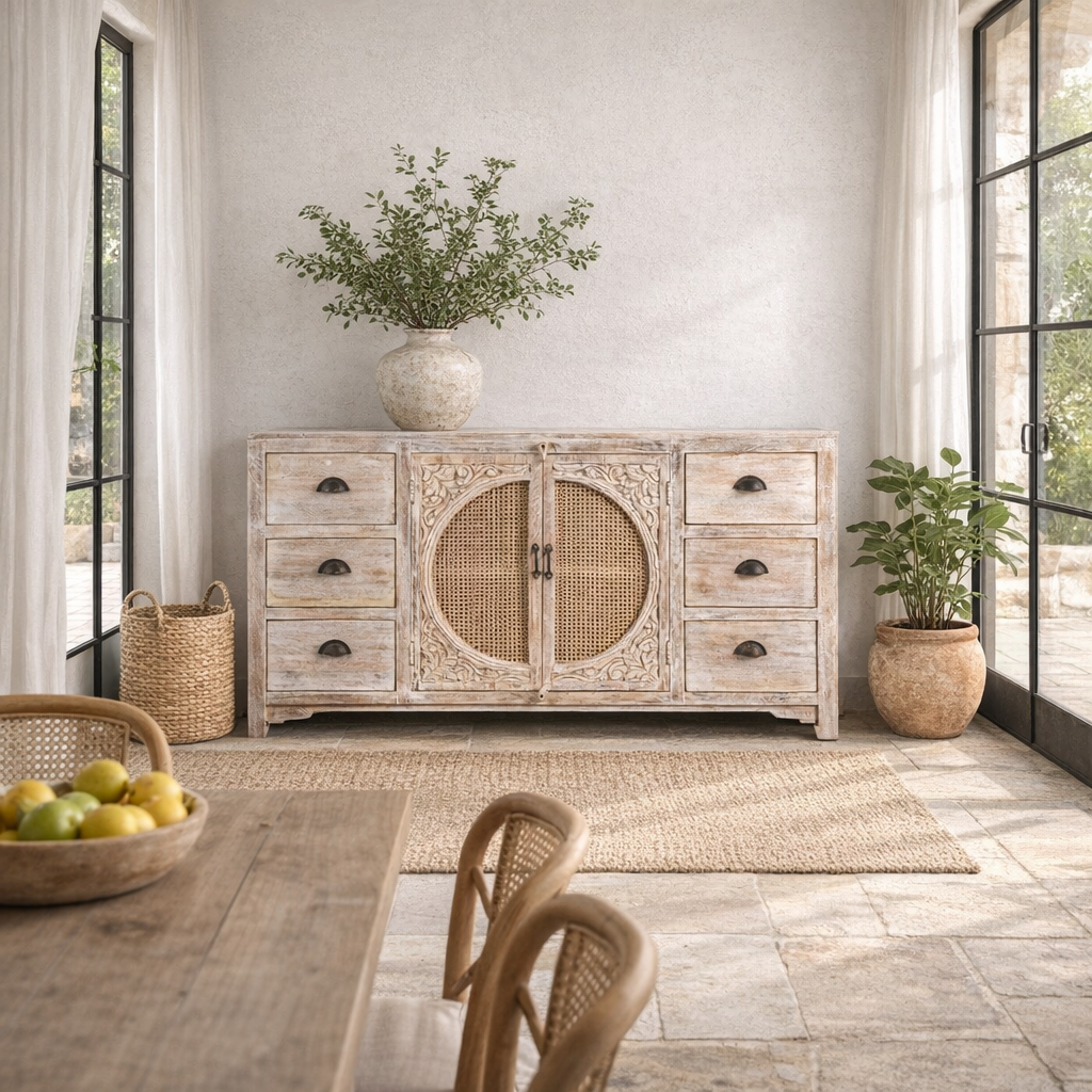 Lifestyle image of a white mango wood and rattan sideboard with six drawers and two compartments—handcrafted bedroom furniture blending Indian artistry with Scandinavian design.