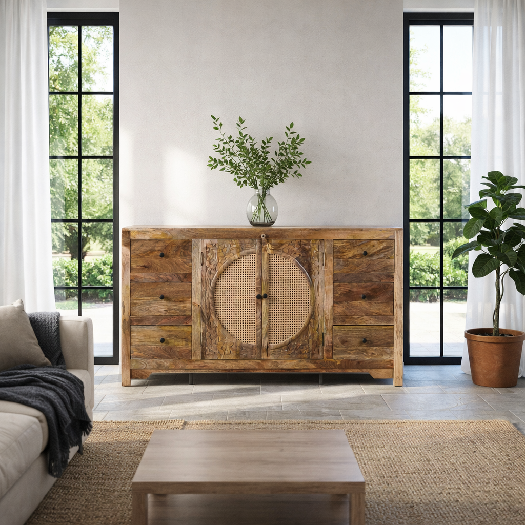 Lifestyle imagination of a hand-carved wood furniture sideboard with floral motifs and rattan cabinet doors, solid mango wood rattan furniture, 160 × 40 × 90 cm.