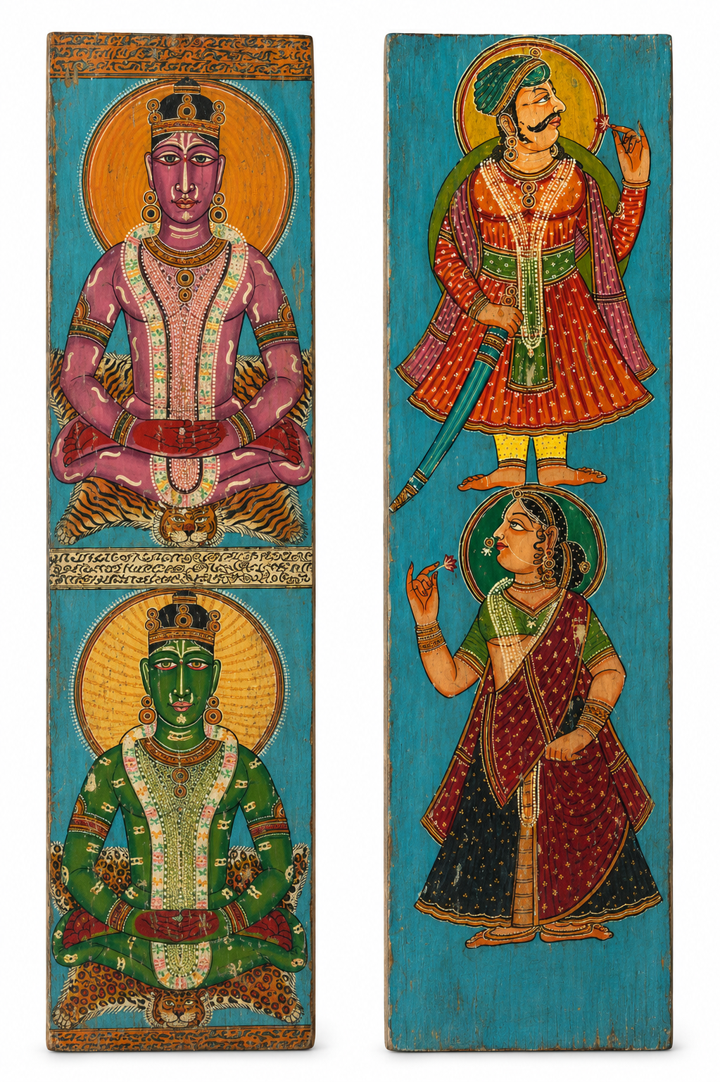 Hand-painted reclaimed teak wall panel with royal Indian Maharaja-inspired motifs, crafted from an old door panel for unique cultural wall décor.