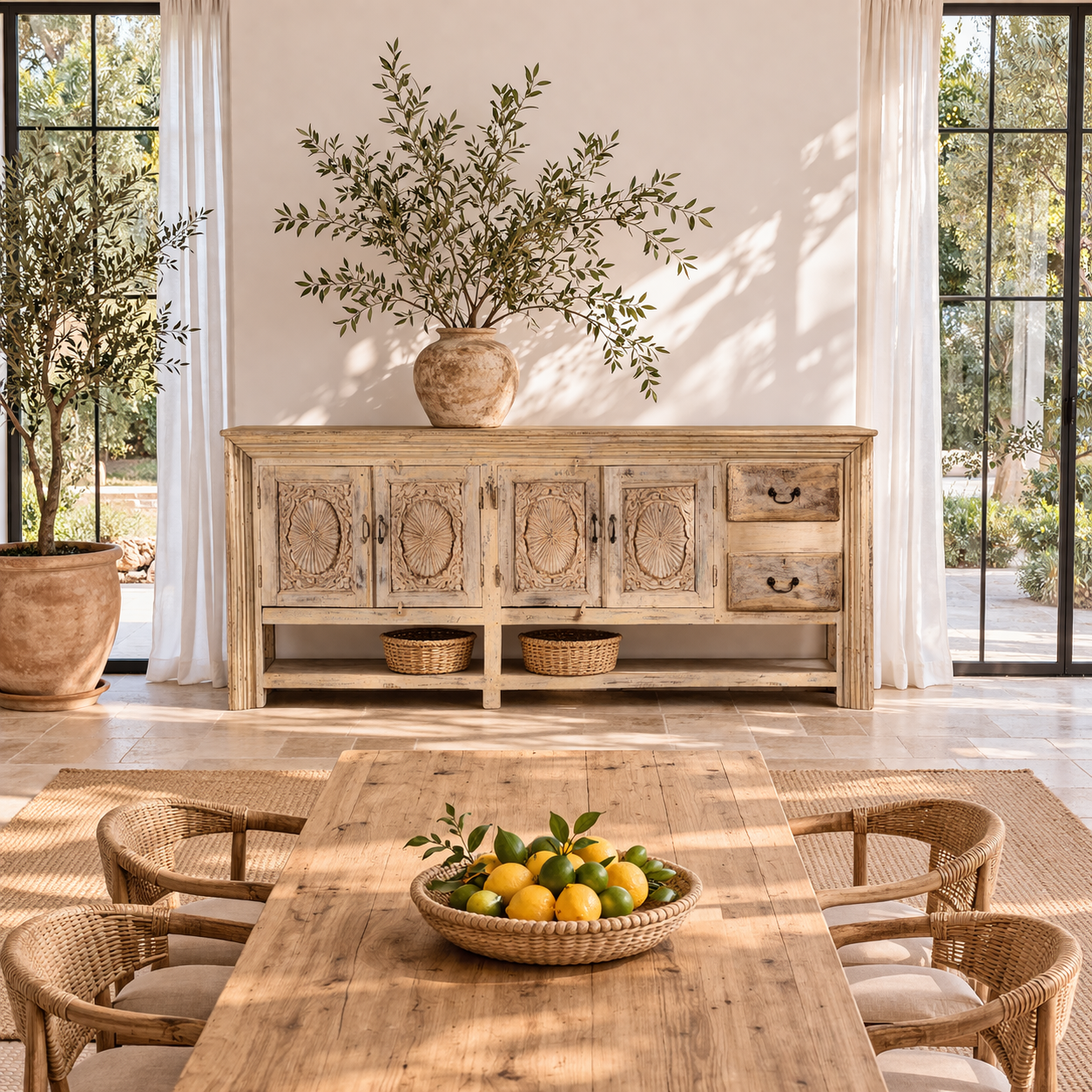 Lifestyle image of a vintage console table made from reclaimed wood with carved teak front, two drawers, four cupboards, and lower shelf, 201 × 42 × 100 cm.
