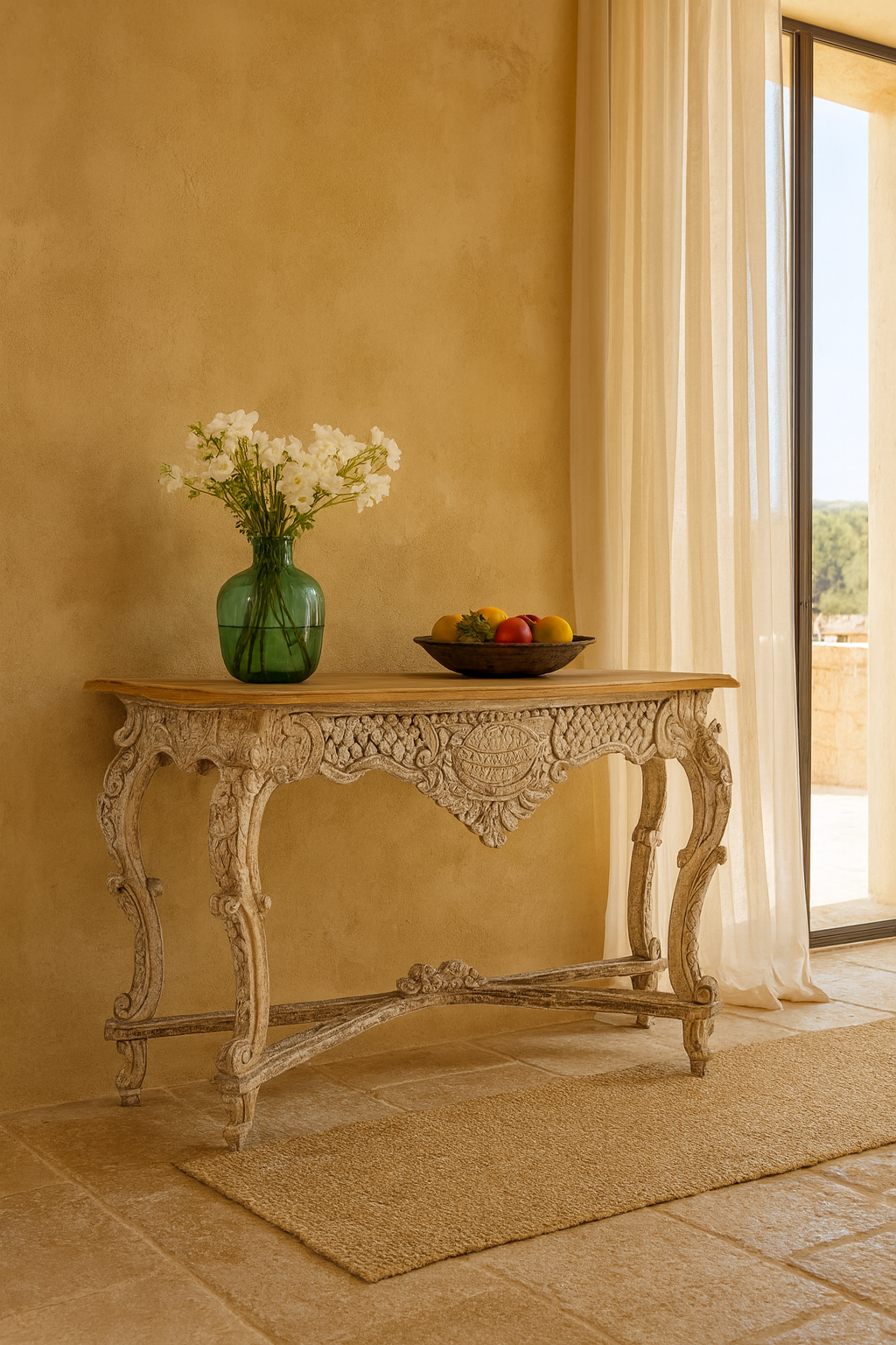 Lifestyle imagination of a vintage console table in solid mango wood with hand-carved detailing; elegant lighting accent for entrance or living room, 120 × 40 × 76 cm.