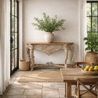 Lifestyle image of a vintage console table in solid mango wood with hand-carved detailing; elegant lighting accent for entrance or living room, 120 × 40 × 76 cm.
