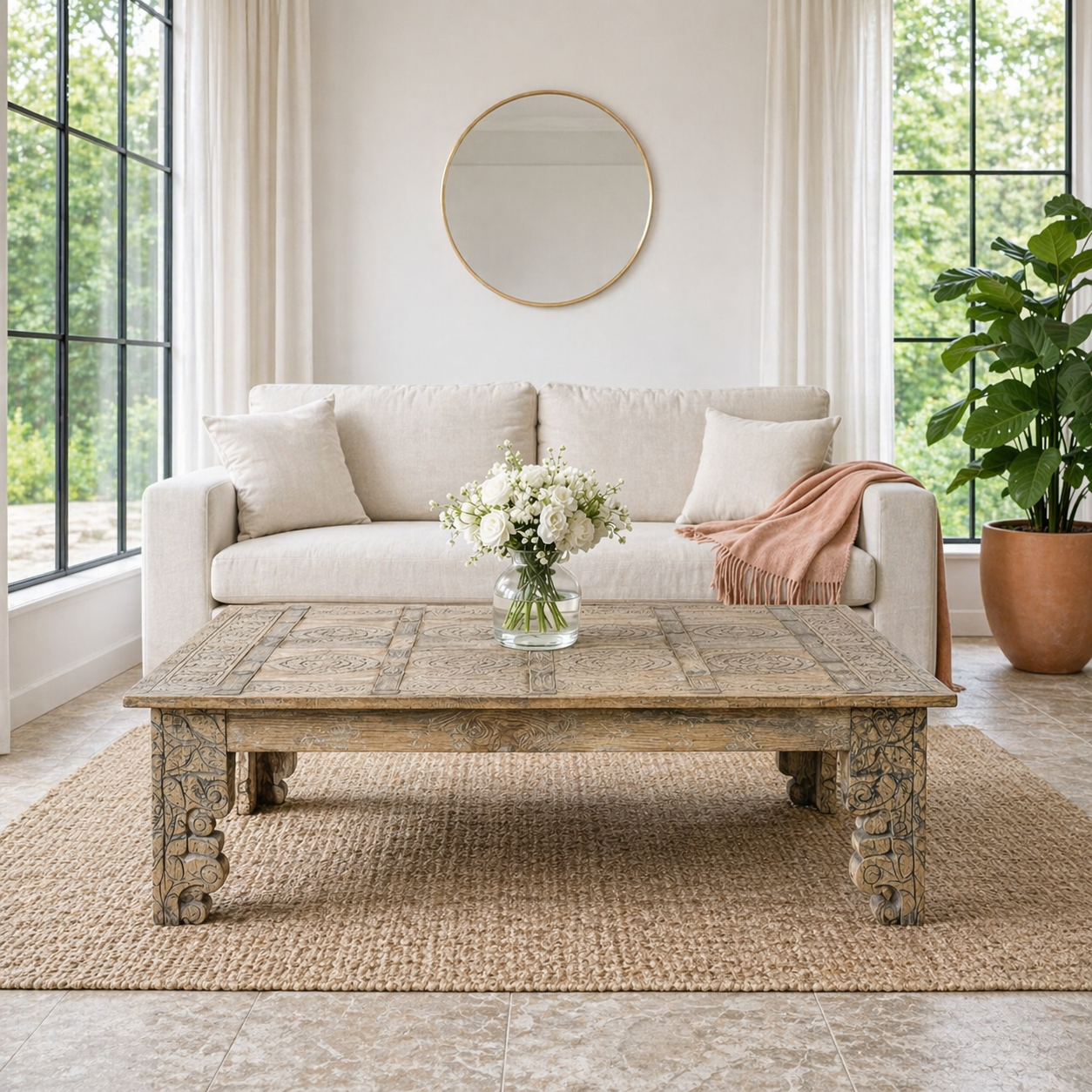 Lifestyle image of a sandblasted teak wood coffee table crafted from a hand-carved antique Indian door, featuring intricate traditional motifs and a rustic finish. A reclaimed wood furniture piece that blends cultural heritage with sustainable design.