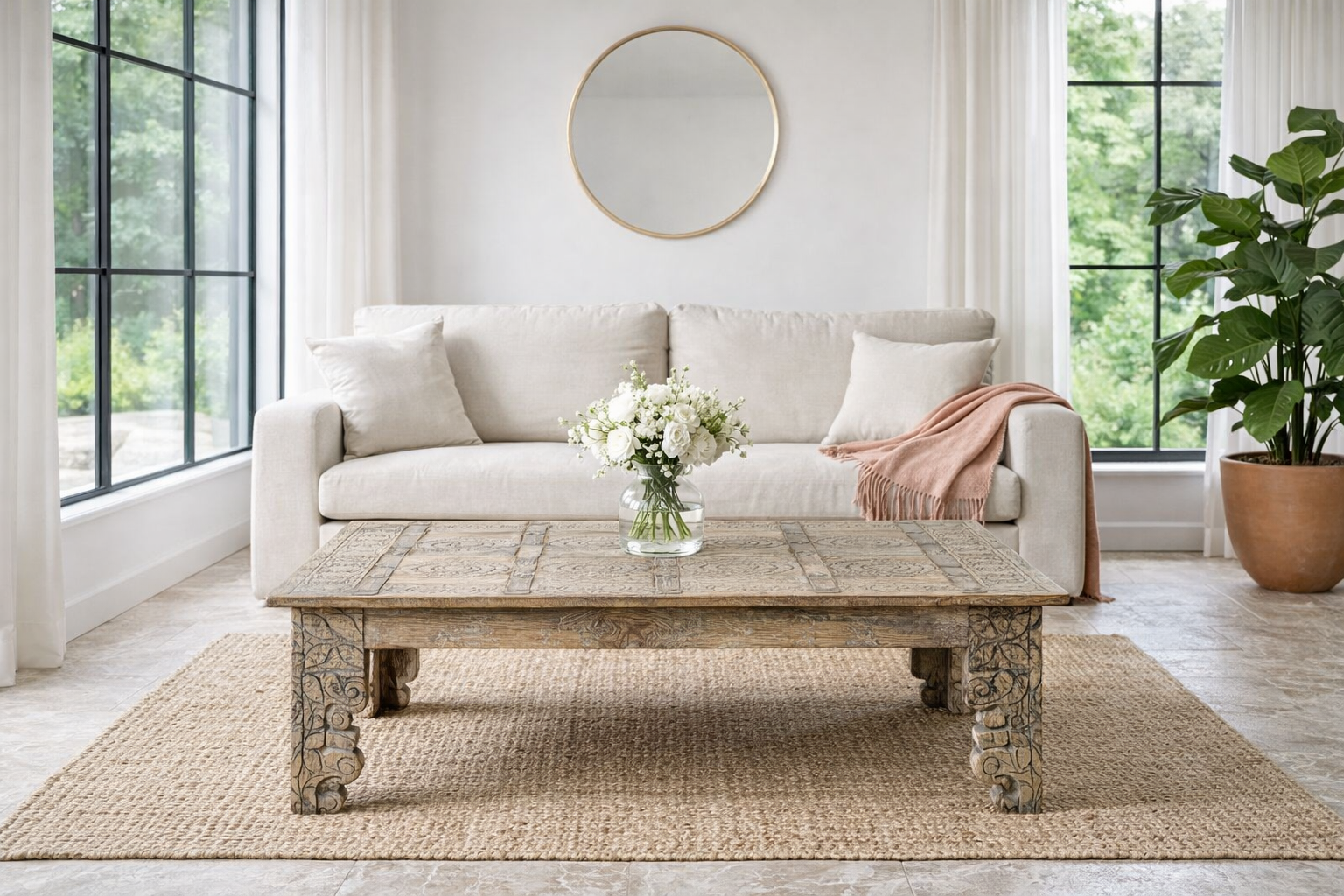 Lifestyle imagination of a sandblasted teak wood coffee table crafted from a hand-carved antique Indian door, featuring intricate traditional motifs and a rustic finish. A reclaimed wood furniture piece that blends cultural heritage with sustainable design.
