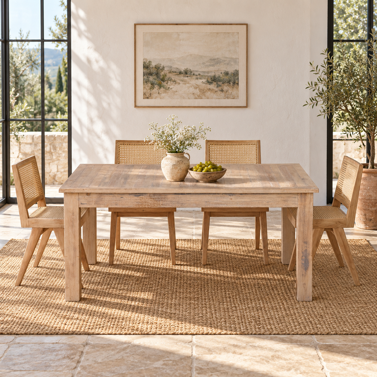 Lifestyle image of a Ravi bleached reclaimed wood dining table with rectangular top and straight wooden legs, 150x90x76cm