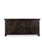 White background image of a handcrafted wood carved sideboard in black mango wood with four doors, versatile for bedroom furniture or living spaces, 180 × 40 × 90 cm.
