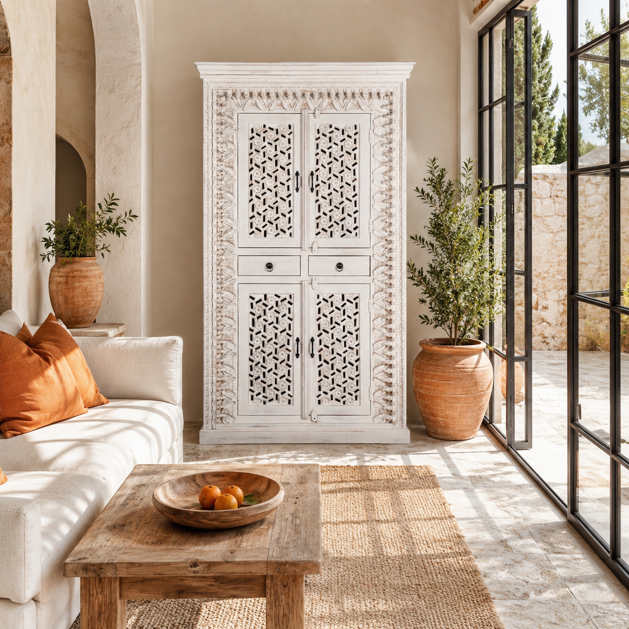 Lifestyle image of a hand-carved mango wood cabinet with shelving and whitewashed finish, bedroom furniture with floral and geometric motifs, 190 × 105 × 40 cm.