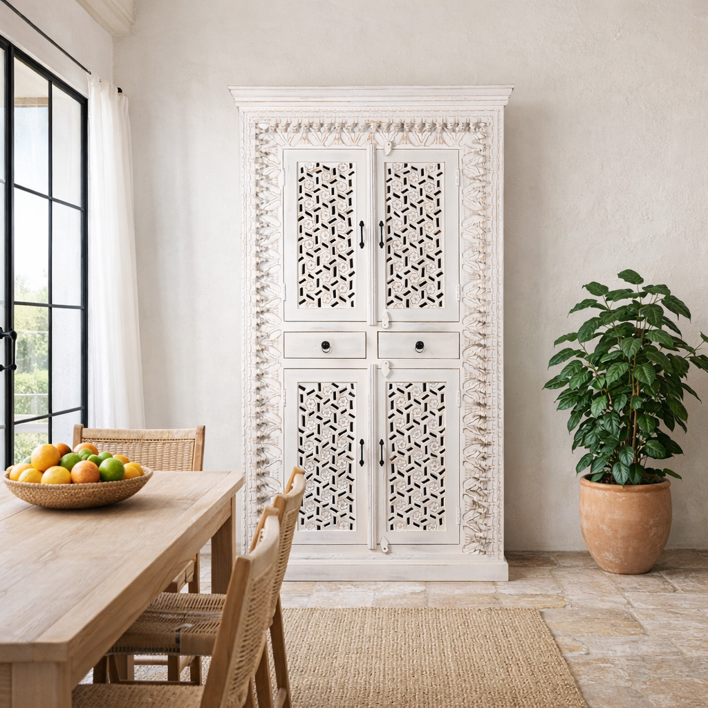 Lifestyle image of a of a 
hand-carved mango wood cabinet with shelving and whitewashed finish, bedroom furniture with floral and geometric motifs, 190 × 105 × 40 cm.