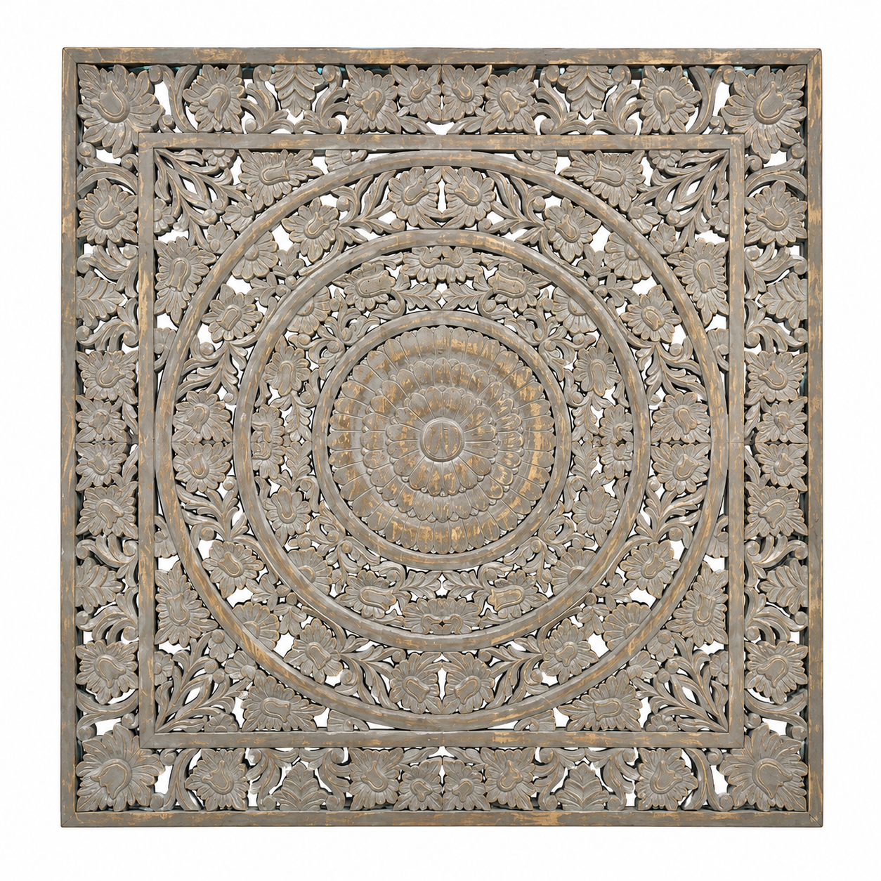Hand-carved solid mango wood wall panel with floral and ornamental engravings in a soft distressed finish, ideal as wall décor or a bed panel.