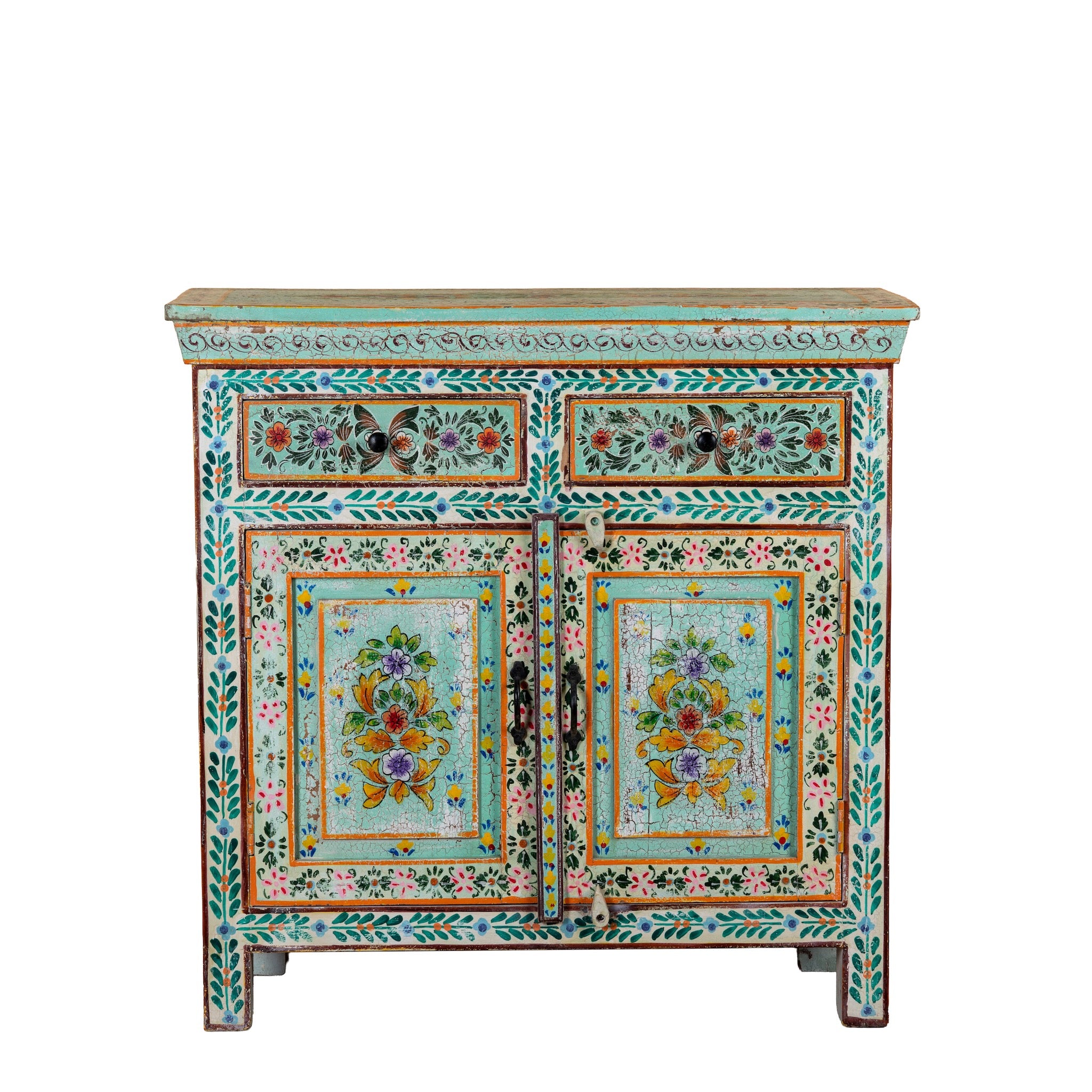 White background image of a hand painted green Indian cabinet made from recycled wood with floral motifs, 2 drawers and 2 compartments, 90 × 90 × 40 cm.