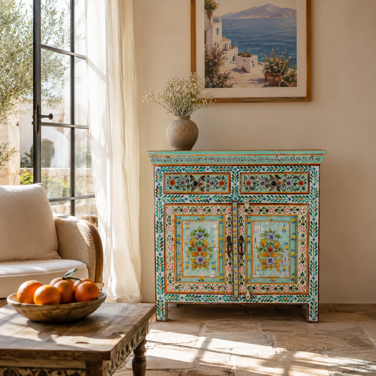 Lifestyle image of a hand painted green Indian cabinet made from recycled wood with floral motifs, 2 drawers and 2 compartments, 90 × 90 × 40 cm.
