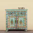 Hand painted green Indian cabinet made from recycled wood with floral motifs, 2 drawers and 2 compartments, 90 × 90 × 40 cm.