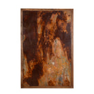 White background picture of a unique iron wall decoration featuring a naturally rusted iron panel with abstract patterns, framed in solid teak wood – ideal for modern and industrial interior decor.