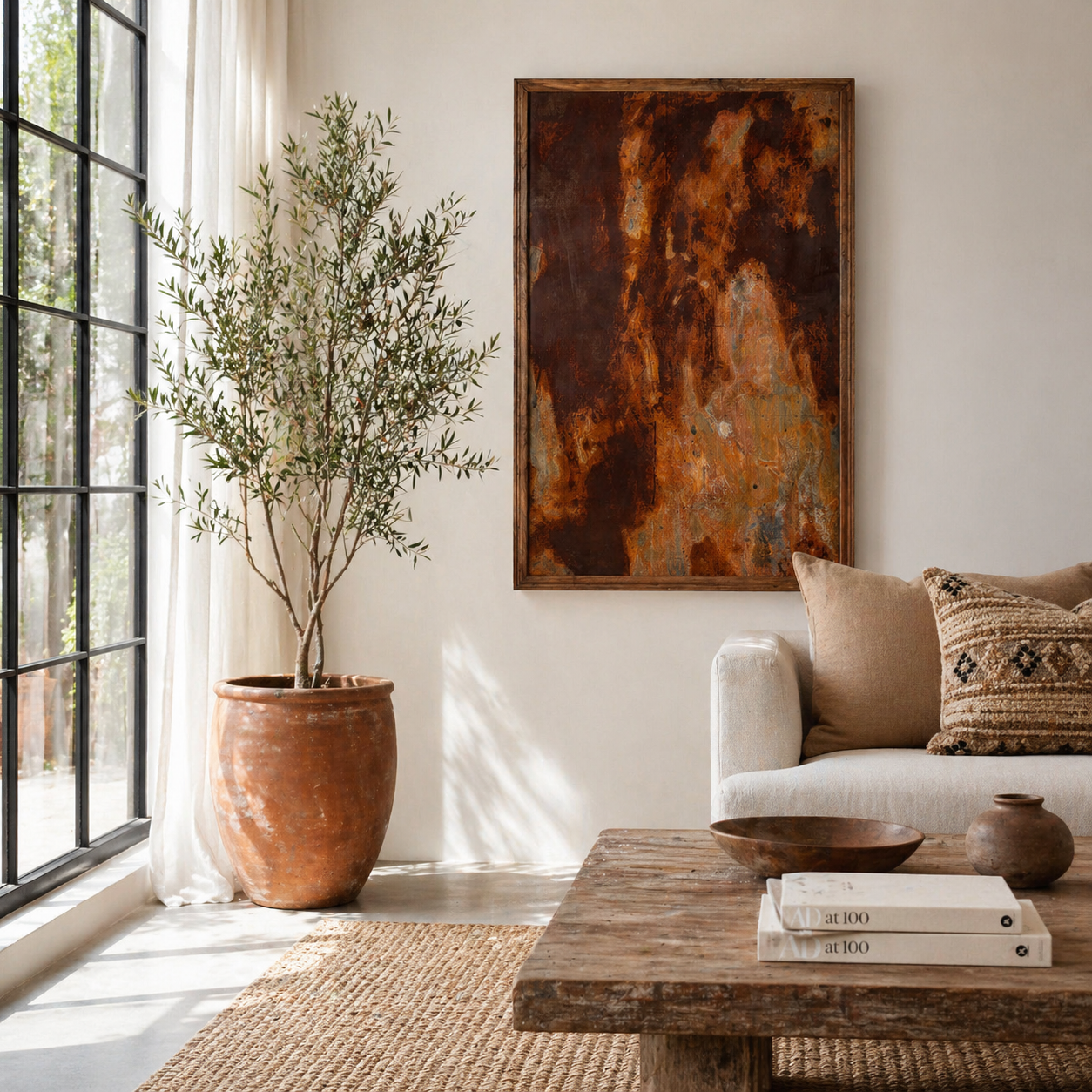 Lifestyle image of a unique iron wall decoration featuring a naturally rusted iron panel with abstract patterns, framed in solid teak wood – ideal for modern and industrial interior decor.