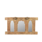 White background image of a Rishab hand carved reclaimed teak wood mirror made from an original Indian window frame with three arched mirror panels 122cm