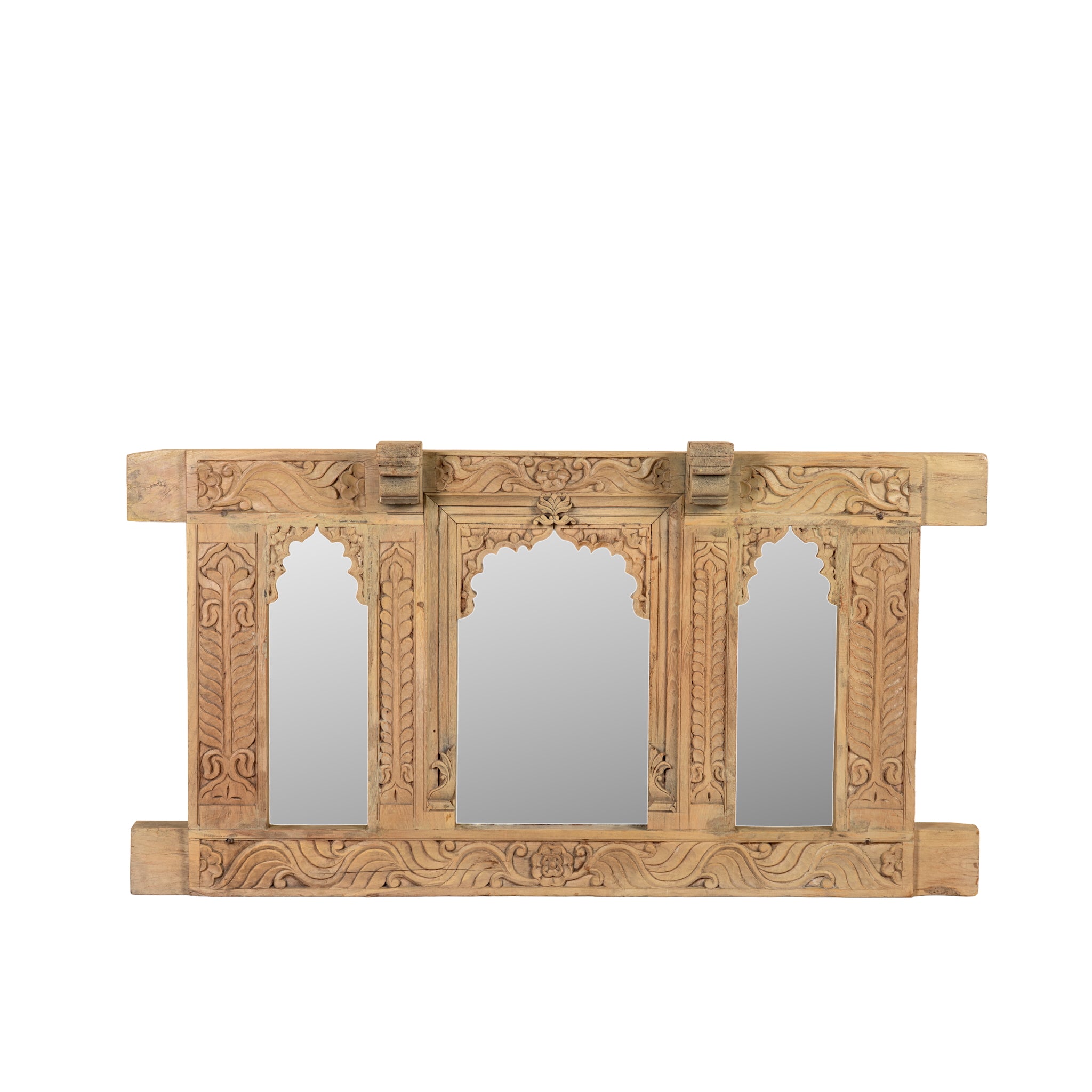 White background image of a Rishab hand carved reclaimed teak wood mirror made from an original Indian window frame with three arched mirror panels 122cm