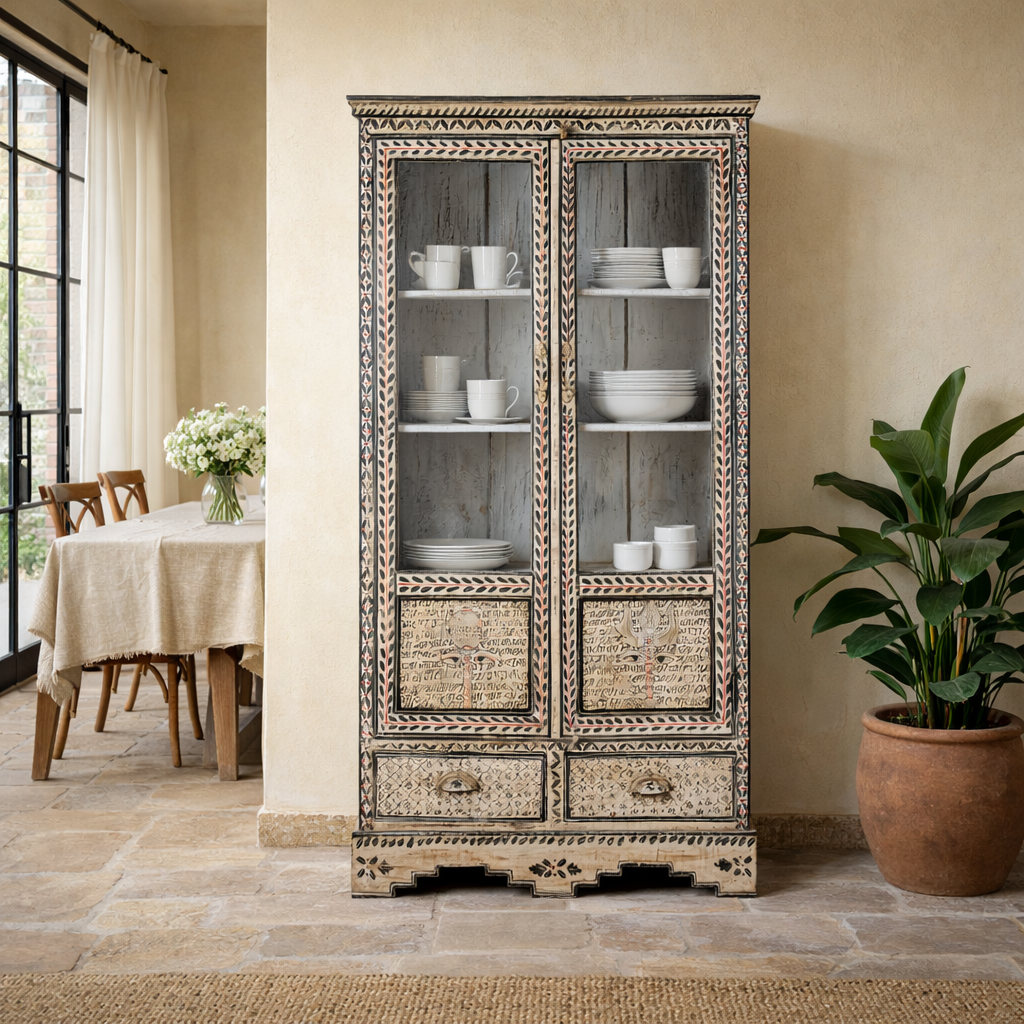Lifestyle image of a hand-painted display cabinet Ritesh made from recycled wood with glass doors – sustainable furniture featuring Sanskrit motifs and traditional Indian craftsmanship.