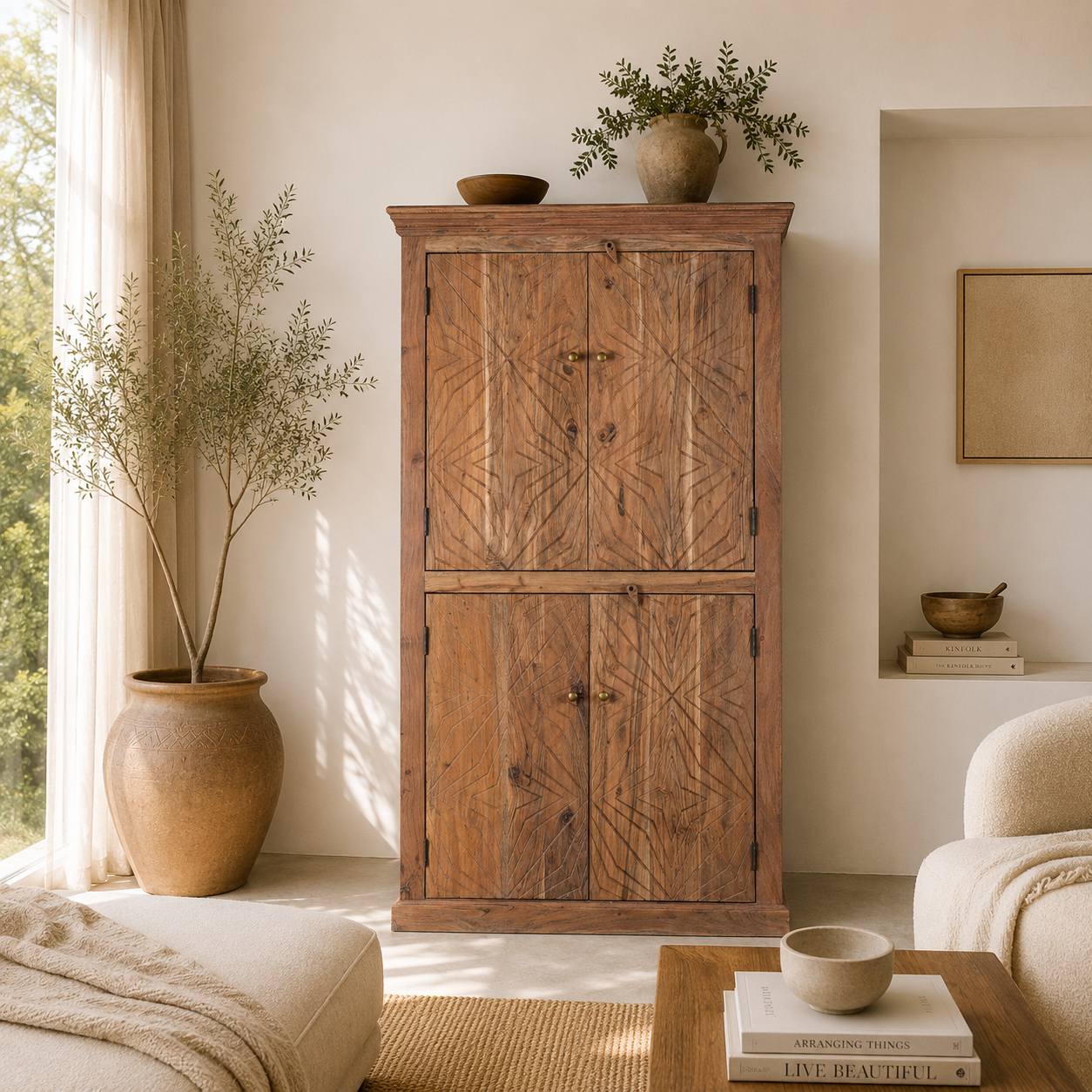 Carved Wooden cabinet in a living room with plants and books