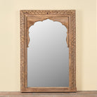 Ronavraj reclaimed teak wood mirror made from an old Indian window frame with carved border and shaped arch, 82x121cm
