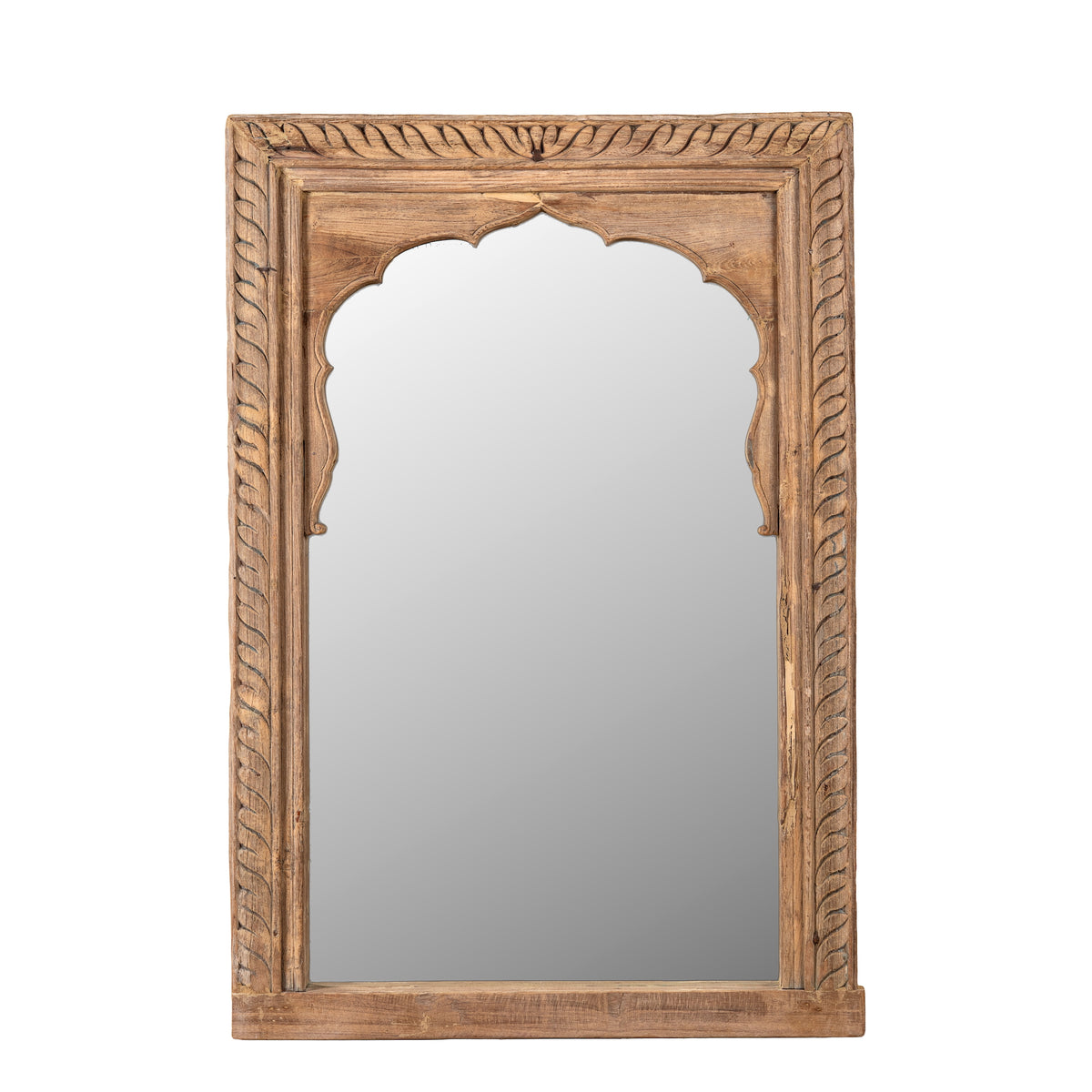 White background image of a Ronavraj reclaimed teak wood mirror made from an old Indian window frame with carved border and shaped arch, 82x121cm