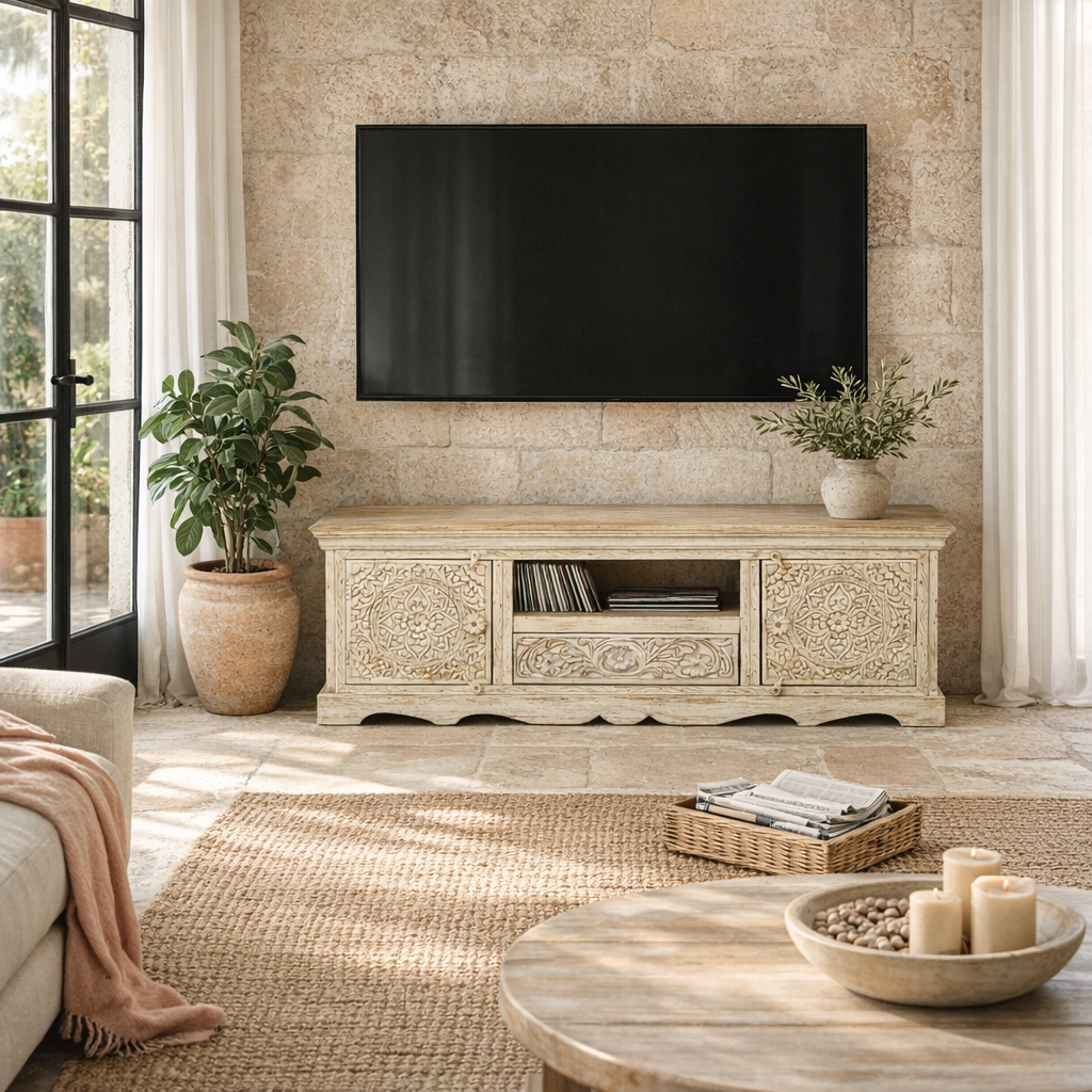 Lifestyle image of a handcrafted wooden carved sideboard made from mango wood with Indian carvings and drawers; ideal living room furniture, 150 × 60 × 40 cm.