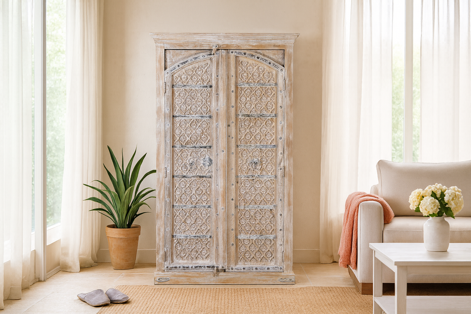 Lifestyle image of a handcrafted carved wood wardrobe with whitewashed finish and arched teak doors – Ruchi by Om Home & Garden, vintage-inspired white washed furniture with artisanal detailing.