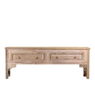 White background image of a teak wood console table with two drawers, carved leg details, and sanded reclaimed finish, 223 × 45 × 83 cm.